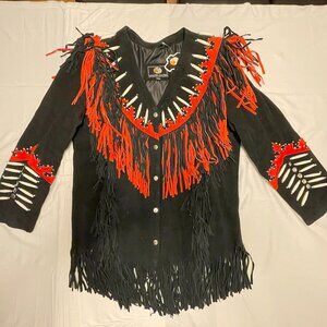 New - 42" Bust Women's Black & Red Suede Leather Fringes Beaded Jacket